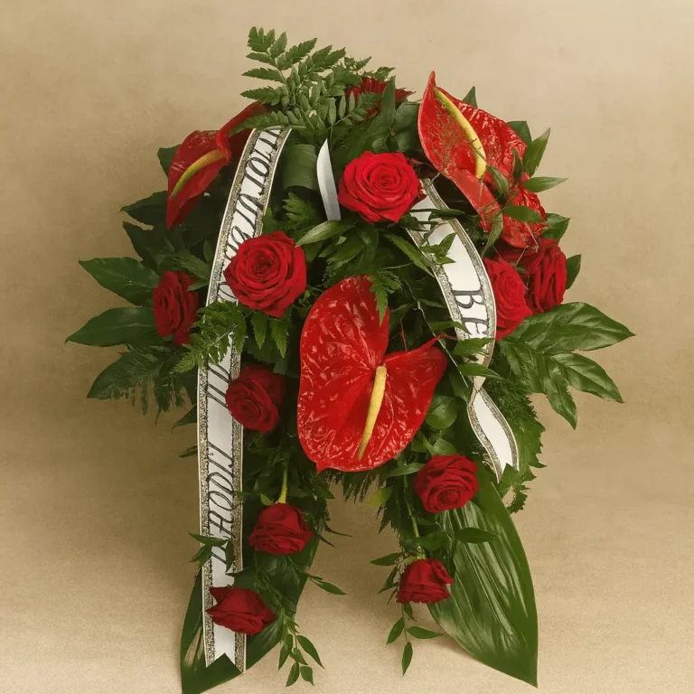wiazanka pogrzebowa z anturium i czerwonych róż w pełni autorska zrobiona w kwiaciarni Bouquet z możliwą dostawą na pogrzeb