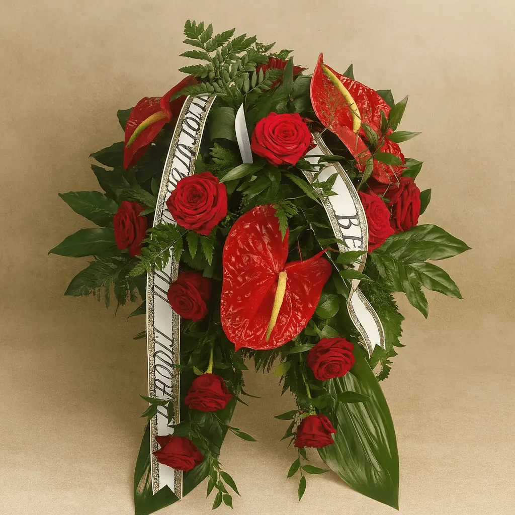 wiazanka pogrzebowa z anturium i czerwonych róż w pełni autorska zrobiona w kwiaciarni Bouquet z możliwą dostawą na pogrzeb